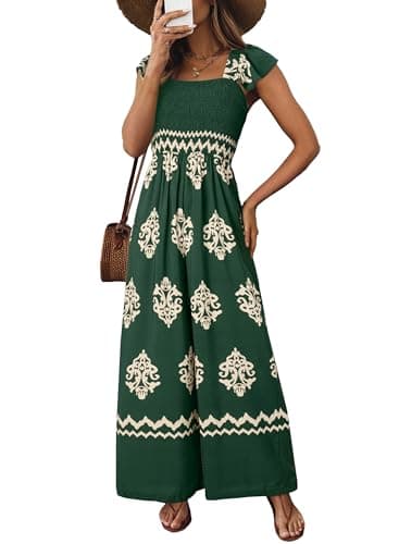 Happy Sailed Casual Jumpsuits for Women Summer Square Neck High Waisted Printed Boho Jumpsuit Women's Overalls Long Pants Rompers Beach Vacation Outfits Dark Green S - Image 1