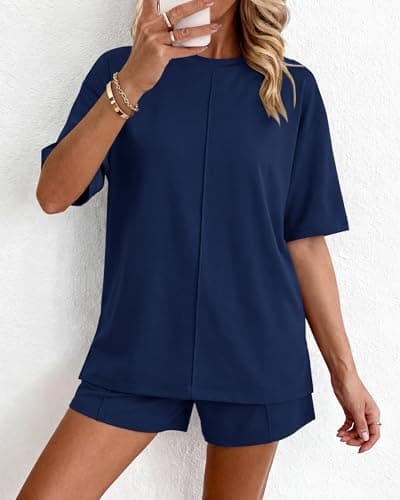 BTFBM Casual 2 Piece Sets For Women Summer 2026 Short Sleeve Tops Shorts Spring Lounge Matching Workout Airport Outfits(Navy Blue,Medium) - Thumbnail 4