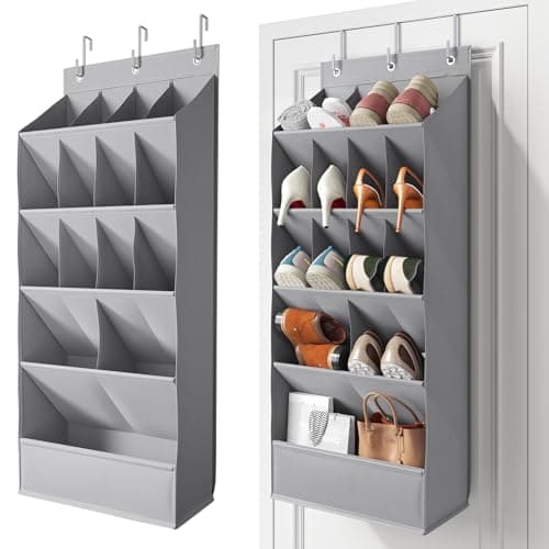 Mefirt 18 Pairs Over the Door Shoe Organizer, Shoe Rack for Closet with Large Breathable Pockets, Hanging Shoes Rack for Boots, Behind the Door Organizer Shoe Holder for Categorized Storage, Grey ﻿