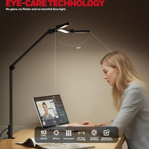 Honeywell Wide Desk Lamp with Clamp for Dual Monitors, 22W Full-Spectrum Eye-Caring LED Desk Lamp for Home Office, 3-Section Adjustable Architect Light for Large Desk, Stepless Dimming, 3000K-5700K - Thumbnail 3