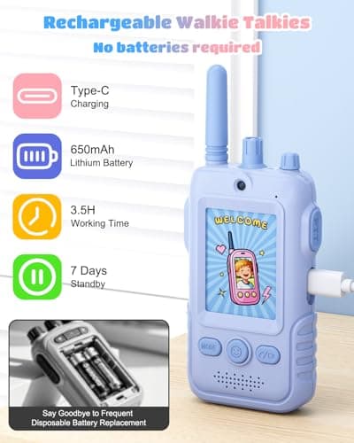 Walkie Talkies for Kids, 2 Pack Rechargeable Video Intercom Kids Walkies Talkies, Indoor Outdoor Toys Gifts for Family Games, Outside, Camping, Hiking for Boys Girls Ages 3-6(Pink+Blue) - Thumbnail 2