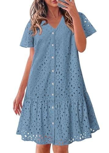 KIRUNDO Eyelet Dresses for Women 2026 Spring Summer Short Sleeve Button Down Loose Mini Babydoll Dress Beach Vacation Clothes(Grey Blue, Medium) - Image 1