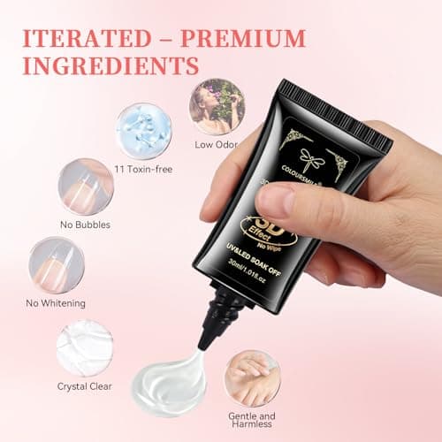 COLOURSMILE 4 in 1 No Wipe 3D Nail Sculpting Gel 30ml - Clear Gel Glue for Nail Tips, Chrome Powder, Charms Gems, Drawing & DIY Christmas Nail Art Lamp Curing Needed - Thumbnail 6