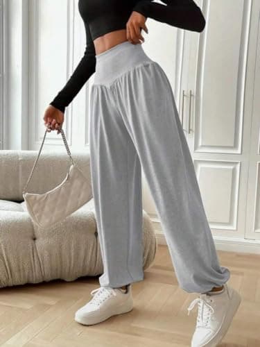 gaimoliso Womens Baggy Wide Leg Pants Plus Size Casual Loose Elastic Waisted Comfy Harem Pants with Pockets Grey - Thumbnail 4
