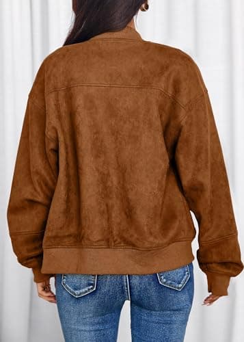Lazysmile Women's Faux Suede Bomber Jackets Fall Fashion Outfits Winter Clothes Stand Collar Zip Up Coats Outwear with Pockets - Thumbnail 2