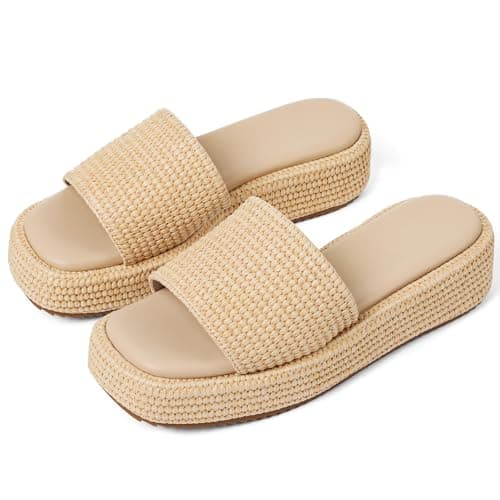 EQAUDES Wedge Sandals for Women Espadrille Beach Women Flat-Raffia, Platform, Summer, Outdoor, Straw, Comfortable, Brown Vacation - Image 1