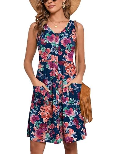 Heymoments Women Summer Dress Blue Colored Flower Medium Sleeveless V Neck Casual Cute Loose Sundress Comfy Swing Button Down Midi Work Flowy Tunic Ladies Beach Vacation Teacher Dresses with Pockets - Image 1