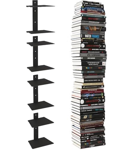 Wawocs Invisible Bookshelf for Wall, 8 Tier Floating Bookshelf Made of Heavy Duty Metal, Vertical Spine Book Tower Hanging Wall Bookshelf, Floating Book Shelves for Wall, 4 Pack Black - Image 1