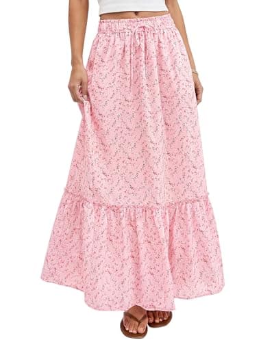 BTFBM Womens Boho Maxi Skirt 2026 Summer Floral High Waisted Flowy Tiered Long Spring Beach Vacation Skirts Pockets(Pink, XX-Large) - Image 1