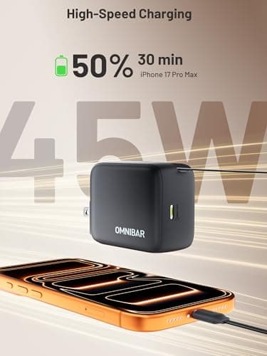 Omnibar Retractable Charger, 45W 2-Port USB C Fast Charger Block with Foldable Plug, GaN Compact PD PPS Type C Charger Fast Charging for iPhone 17/16/15, Samsung S26/S25, iPad Pro, Switch, Airpods 4 - Thumbnail 2