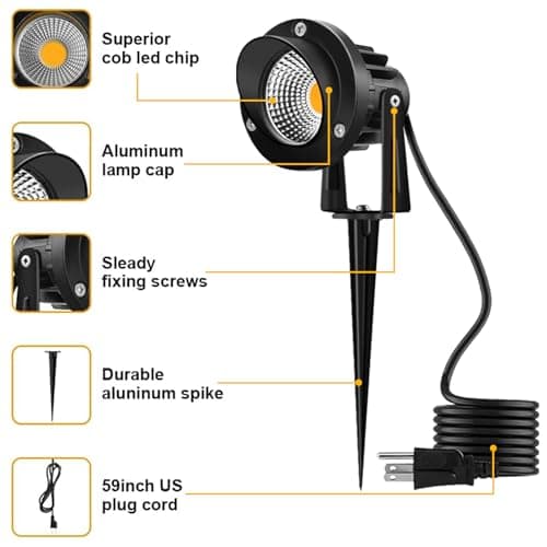 Romwish 120V LED Landscape Spotlights, 10W Outdoor Spotlights for Yard, 3000K Warm White, 120V AC Spot Light with Ground Spike, Waterproof Landscape Lighting for House Garden Lawn Decorative - 2 Pack - Thumbnail 3