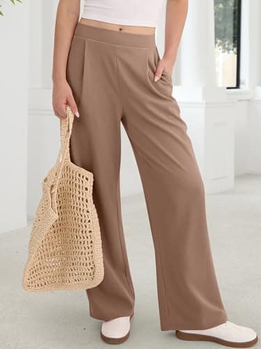 ANRABESS Womens Pants Wide Leg Waffle Knit Casual Stretchy Work Dress Pants 2026 Pull on Business Slacks Trousers Outfits Medium Coffee - Thumbnail 3
