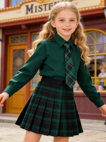 Yewsea Girls Pleated Skirt Kids School Uniform Elastic High Waist Tennis Skirts with Shorts Holiday Outfits Green Plaid Size 8 Years - Thumbnail 5