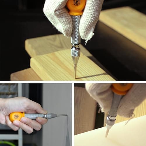 MulWark 5" Spring-Loaded Automatic Steel Center Hole Punch Marker Scriber for Wood, Metal, Plastic, Car Window Puncher Breaker Tool-with Palm Cushion Cap, Adjustable Impact-A Replacement Tip Included - Thumbnail 4