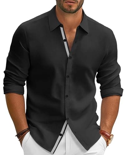 PJ PAUL JONES Mens Casual Long Sleeve Dress Shirt Untucked Regular Fit Solid Button Up Shirts for Office Work Black XXL - Image 1