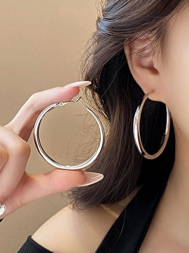 Matte Large Gold Hoop Earrings for Women Sliver Hoop Earrings Lightweight 925 Sterling Silver Hoops Chunky Trendy Earrings Dainty Simple Wedding Prom Bridal Party Jewelry Gifts (5CM Sliver Style 3) - Thumbnail 2