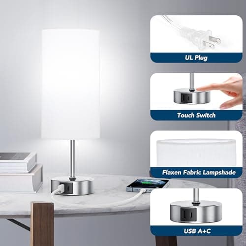 ROTTOGOON 12.8" Touch Control Table Lamp, 3-Way Dimmable Small Bedside Nightstand Lamp with 2 USB Ports, Modern Table Lamps with 6500K Daylight LED Bulb for Bedroom Living Room - Thumbnail 5