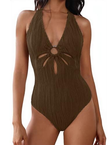 Deep Coffee Swim Suits for Women 2026 Ribbed Floral Cutout Charmo Swimsuit Romper Halter Unique Ring Backless Swimwear M - Image 1