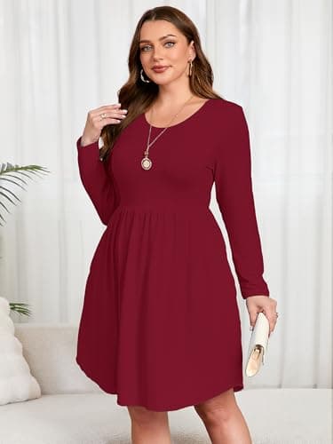 AusLook Women's Plus Size Long Sleeve Midi Dress Crewneck Casual Empire Waist Loose Flowy Dresses A-Line Boho Party 2025 Fall Winter Long Burgundy 4X Dress Vacation Outfit with Pockets - Thumbnail 3