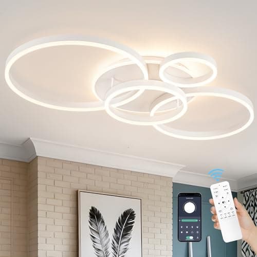 Modern LED Ceiling Light White Flush Mount Ceiling Light Dimmable Dining Room Light Fixtures with Remote 4 Rings Acrylic Kitchen Lighting Fixtures Ceiling Lamp for Living Room Bedroom (White, 4 Rings) - Image 1