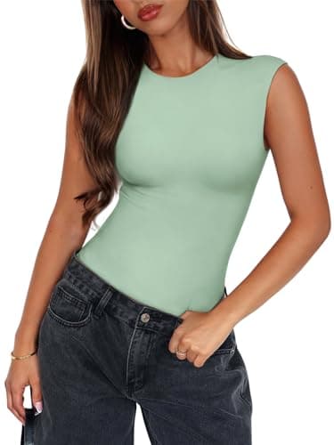 PINKMSTYLE Cute Double Lined Sleeveless Bodysuit for Women Crew Neck Tank Tops Sexy Thong Outfits Tops Sage Green Medium - Thumbnail 2