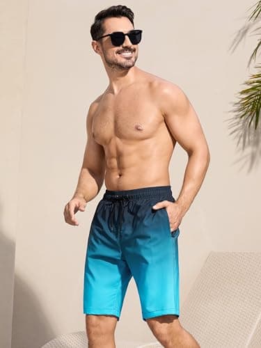 SILKWORLD Mens Swimming Trunks with Compression Liner 2 in 1 Quick-Dry Swim Shorts with Zipper Pockets, Gradient-Grey Blue, Small - Thumbnail 2