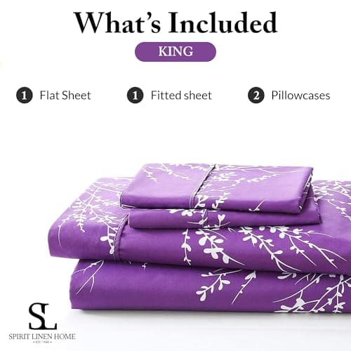 Spirit Linen home King Size Sheets Set - Pure Microfiber 4 Piece Polyester Bed Sheets, Fitted Sheet & Pillow Cases - King Sheets for All Seasons (Foliage Purple/White, King) - Thumbnail 4
