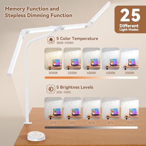 Pzloz Led Desk Lamp with Clamp: Architect Desk Lamp for Home Office, Eye Caring Double Head Computer Monitor Work Desk Light with Remote Control - 24W Flexible Dimmable Desktop Table Lamp White - Thumbnail 6