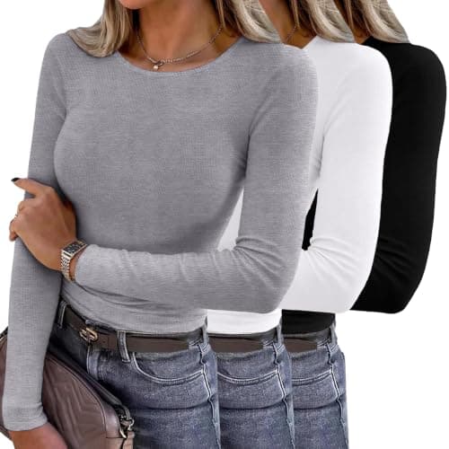 Totatuit Women's Long Sleeve Fitted Tunic Crew Neck Soft Rayon Blend Stretchy Slim Fit Casual Basic Layering Top Small Black+White+Grey - Image 1