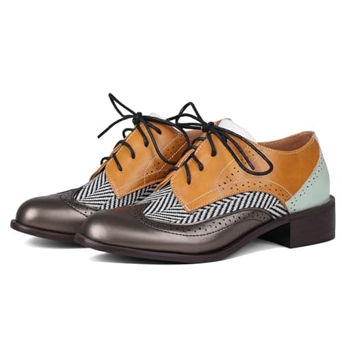 Yremael Women Yellow Oxfords Lace Up Pointed Toe Classic Business Formal Wingtip Brogue Dressy Shoes - Image 1