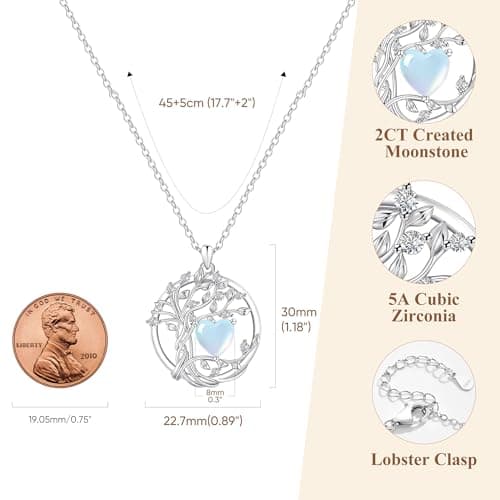 925 Sterling Silver Moonstone Necklace New Beginnings, Valentine's Day Jewelry Gifts, Moonstone Tree of Life Pendant June Birthstone Necklace Jewelry for Women, Birthday Graduation Gifts for Friend Sister Daughter Gift - Thumbnail 5