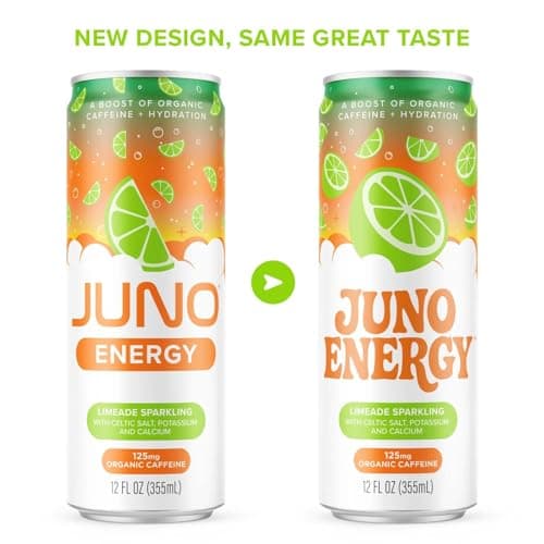 JUNO ENERGY Limeade Sparkling Energy Drink - Sugar Free Electrolytes, Energizing and Hydrating with 125mg Organic Caffeine from Green Coffee Beans, Stevia, Lime Juice & Electrolytes - Vegan, Gluten Free, 12 Pack - Thumbnail 4
