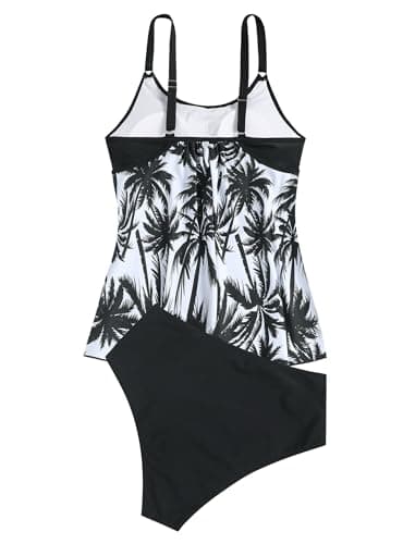 ZAFUL Two Piece Tankini Swimsuit for Women High Waisted Tummy Control Bathing Suit Double Up Tankini Set Palm Tree M - Thumbnail 4