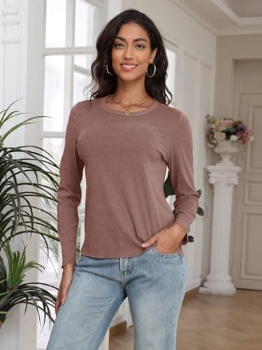 COCOMARTS Womens Long Sleeve Crewneck Knit Basic Tops Loose Casual Shirt 2025 Fall Winter Outdoor Thermal Undershirts Brown Small - Thumbnail 2