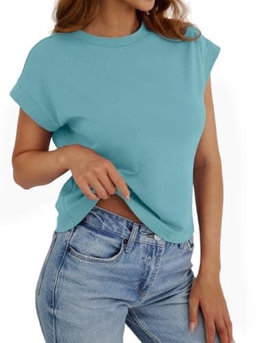 Teal Tops for Women Crop Tops Cap Sleeve T Shirt Cotton Crewneck T Shirts for Women Loose Fit 2026 - Thumbnail 3