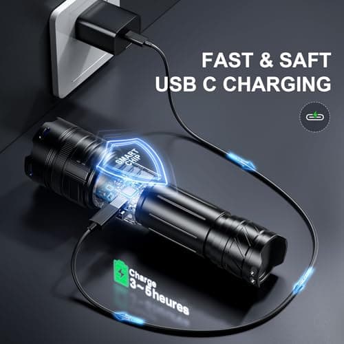 Rechargeable Flashlights 10000 High Lumens Single One Mode Super Bright, High Powered LED Flashlight USB C, High Beam 3280 ft Long Lasting Powerful Heavy Duty Strong Flash Light For Security Hiking - Thumbnail 4