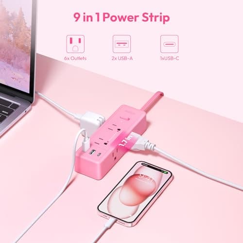 NTONPOWER Pink Extension Cord 10 ft, 1080 Joules Surge Protector Power Strip with 6 Widely Outlets 3 USB (1 USB C), Flat Plug Extension Cord Power Strip Long Cord for Home Office Dorm Room Essentials - Thumbnail 3