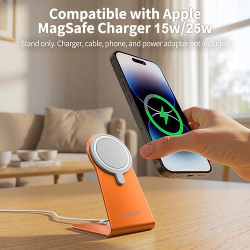 HUAFD MagSafe Charger Stand Compatible with Apple MagSafe Charger 15W/25W, Aluminum Desktop Dock for iPhone 17/16/15/14/13/12, Portrait & Landscape Viewing, Cable Slot, Charger Not Included, Oranger - Thumbnail 2