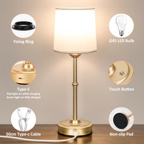 Cordless Table Lamp Rechargeable, Portable Battery Operated Light for Bedroom Living Room, 6000mAh Fabric Shade Desk Lamp 3000K Eye-Caring Home Decor for Dining Balcony Patio Counter Nightstand Hotel - Thumbnail 4