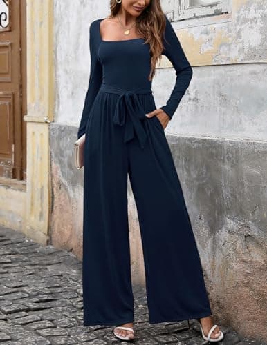 LOOKBOHO Women's Dressy Jumpsuits Casual Square Neck Wide Leg Long Pants Rompers with Pockets One Piece Outfits Navy M - Thumbnail 4
