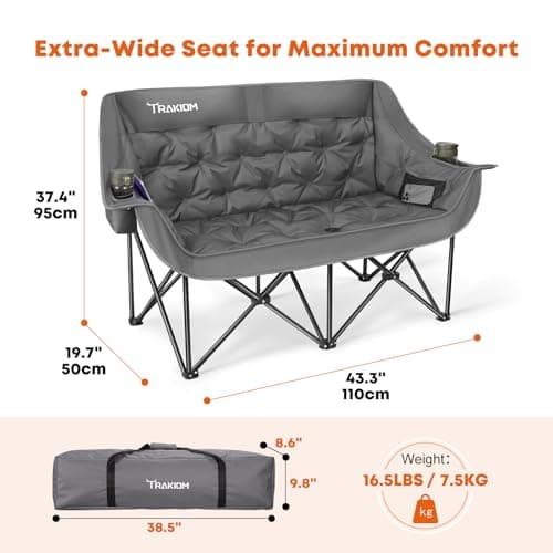 Trakiom Double Camping Chair Oversized Padded Outdoor Loveseat Chairs for Adults, Heavy Duty Folding Camping Couch with Cup Holders & Phone Pocket, 2 Person Portable Chair for Beach Lawn Patio - Thumbnail 2