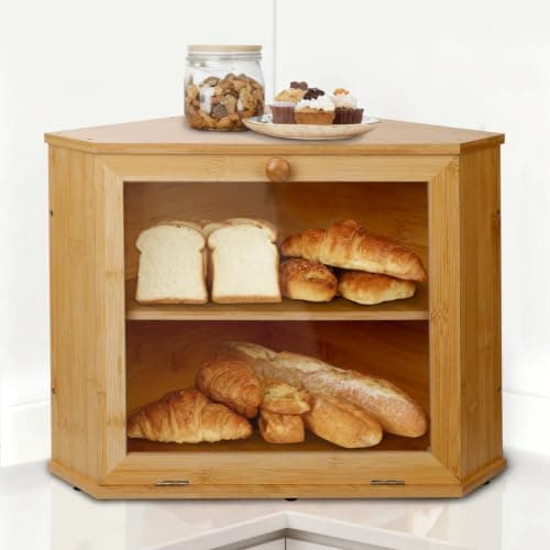 SEGGDFQ Corner Bread Box for Kitchen Countertop, 100% Natural Bamboo, 2-Tier Wooden Bread Storage Cabinet, Fresh Bread Keeper with Clear Door for Small Kitchens, RV And Camping
