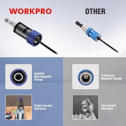 WORKPRO Drywall Screw Setter/Extractor Impact Bit Holder, Fits Any Standard 1/4” Driver, Comes with 5*Protective Rings, 2 * 1" &2 * 2" PH2 Bits, Single-Handed Operation for DIYers - Thumbnail 4