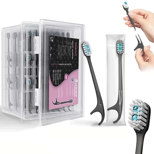 Pinkart 5-in-1 Travel Toothbrush | Disposable toothbrushes with Toothpaste | Floss/Toothpick/Tongue Scraper | Individually Wrapped Disposable toothbrushes | 5.3" Extended Handle (96 Count) - Image 1