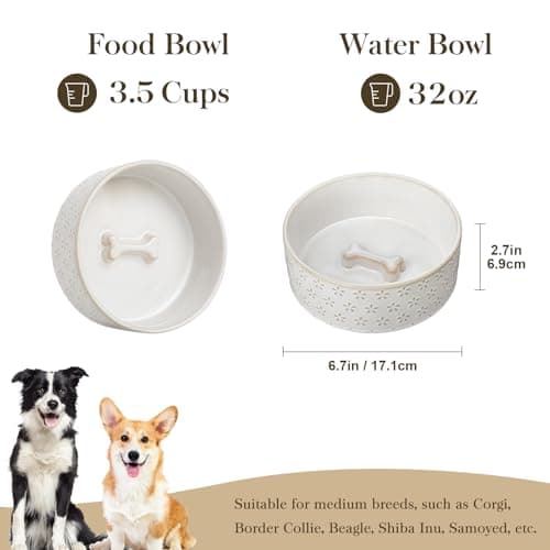 MALACASA Ceramic Dog Food Bowl, 3.5 Cups or 32oz Dog Food Water Dish for Mudium Breeds, Pet Bowl Dishwasher & Microwave Safe, Five-Leaf Grass, Series Lydia - Thumbnail 2