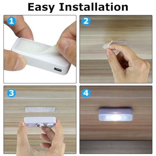 NIEGNOWOO 6 Pack LED Motion Sensor Puck Lights, Rechargeable Cabinet Lights, Stick on Wireless LED Night Light for Closet, Drawer, Shelf, Under Cabinet, Daylight White, USB Charging Cord Included - Thumbnail 6