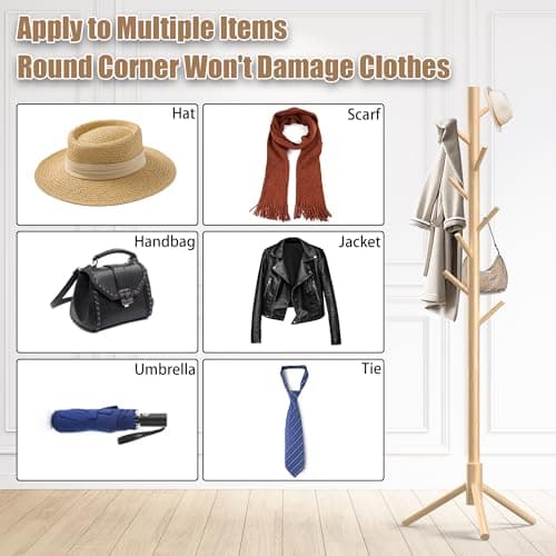 Aliphon Wooden Coat Rack Stand, Freestanding Coat Rack with 8 Hooks, 3 Adjustable Size Coat Tree for Hats, Coats, Scarves bags, Coat Hanger Stand Used in Bedroom/Office/Entryway,2 PCS (Natural) - Thumbnail 6