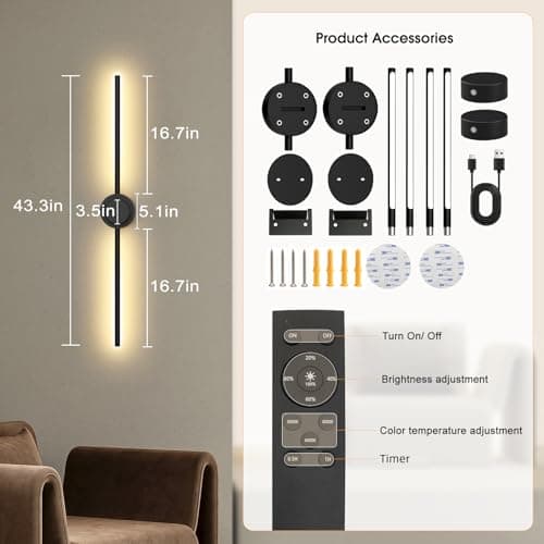 AHAWILL Battery Operated Wall Sconces Set of Two with Remote,Stepless 3CCT Dimmable, USB Rechargeable Wireless Wall Lamp,360°Rotate Wall Lights for Bedroom,43.3inch (A Pair of Batteries) - Thumbnail 3