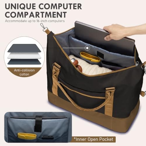 WOOMADA Weekender Overnight Bag for Women, Carry on Shoulder Travel Duffel with Shoes Compartment,Gym Bag with Toiletry Bag(black&coffee&brown) - Thumbnail 3