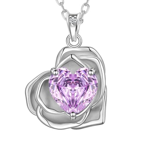 Birthstone Rose Heart Pendant Necklace - 925 Sterling Silver Rose Cut Cubic Zirconia Love Necklace Anniversary Birthday Jewelry Gift for Women Wife Mom Daughter (02-February) - Image 1